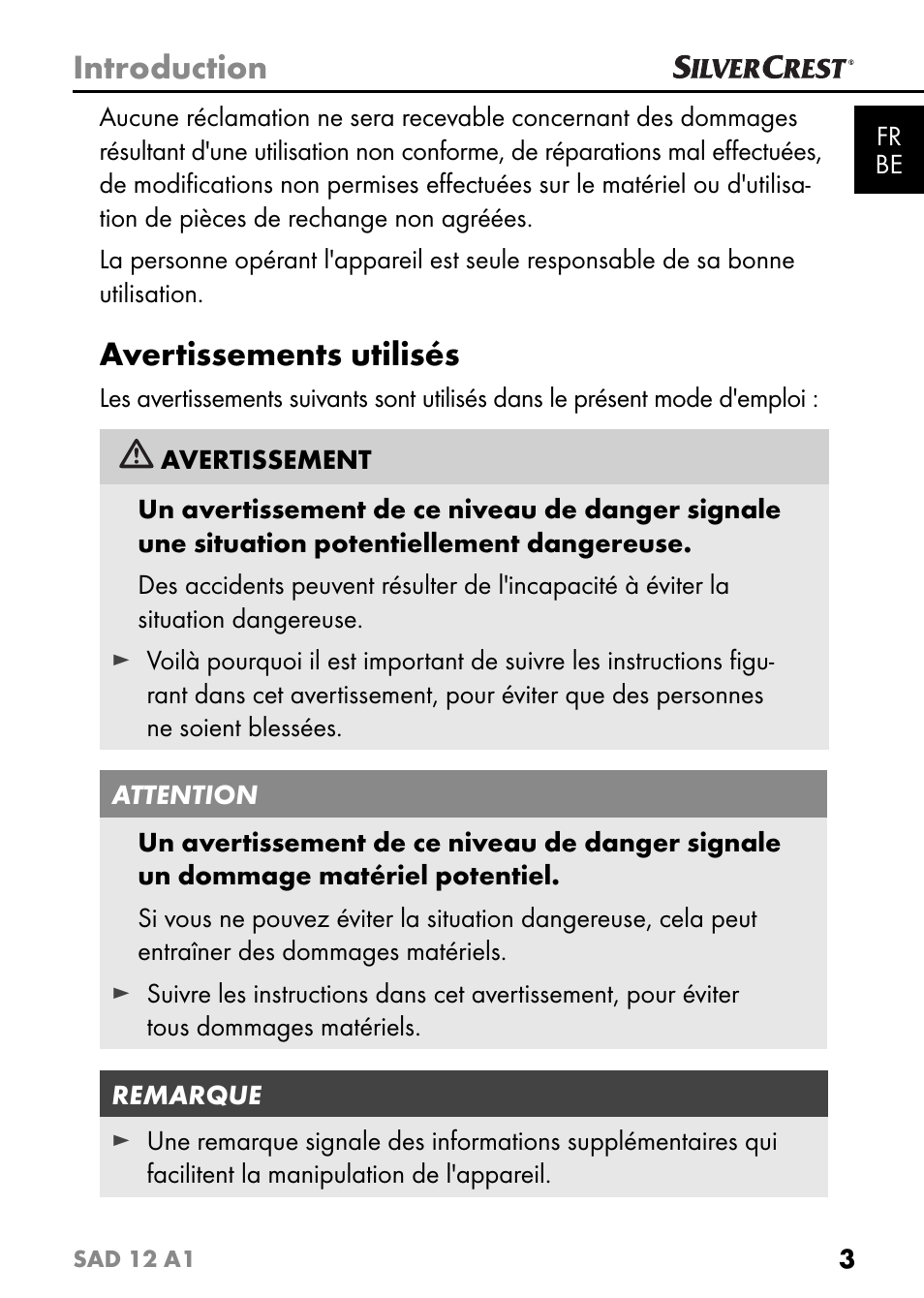 Introduction, Avertissements utilisés | Silvercrest SAD 12 A1 User Manual | Page 6 / 46