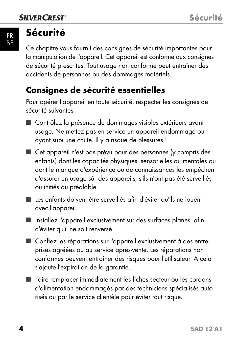 Sécurité, Consignes de sécurité essentielles | Silvercrest SAD 12 A1 User Manual | Page 7 / 46