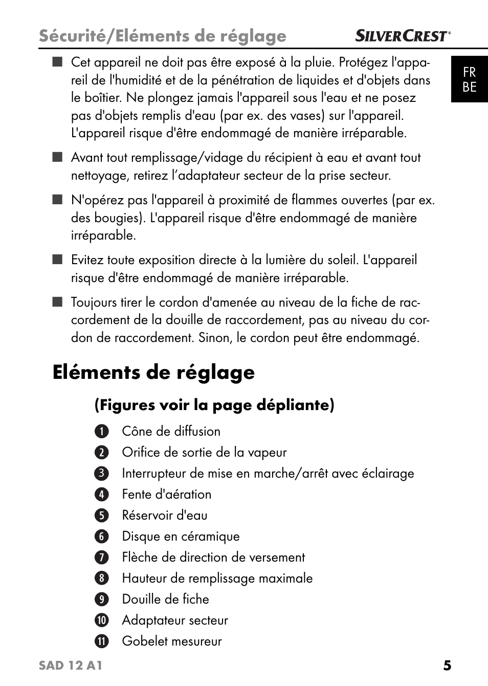 Eléments de réglage, Sécurité/eléments de réglage | Silvercrest SAD 12 A1 User Manual | Page 8 / 46