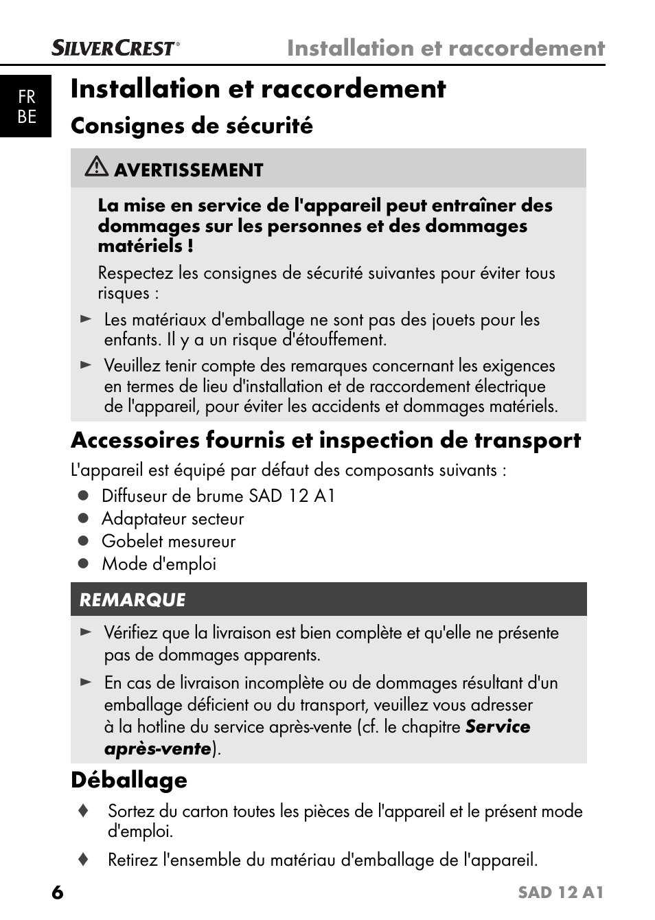 Installation et raccordement, Consignes de sécurité, Accessoires fournis et inspection de transport | Déballage | Silvercrest SAD 12 A1 User Manual | Page 9 / 46