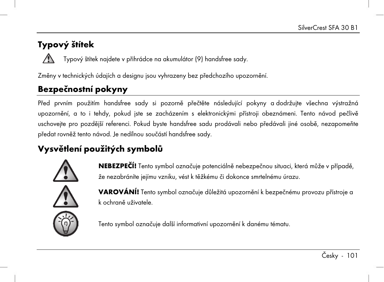 Typový štítek, Bezpečnostní pokyny, Vysvětlení použitých symbolů | Silvercrest SFA 30 B1 User Manual | Page 103 / 166