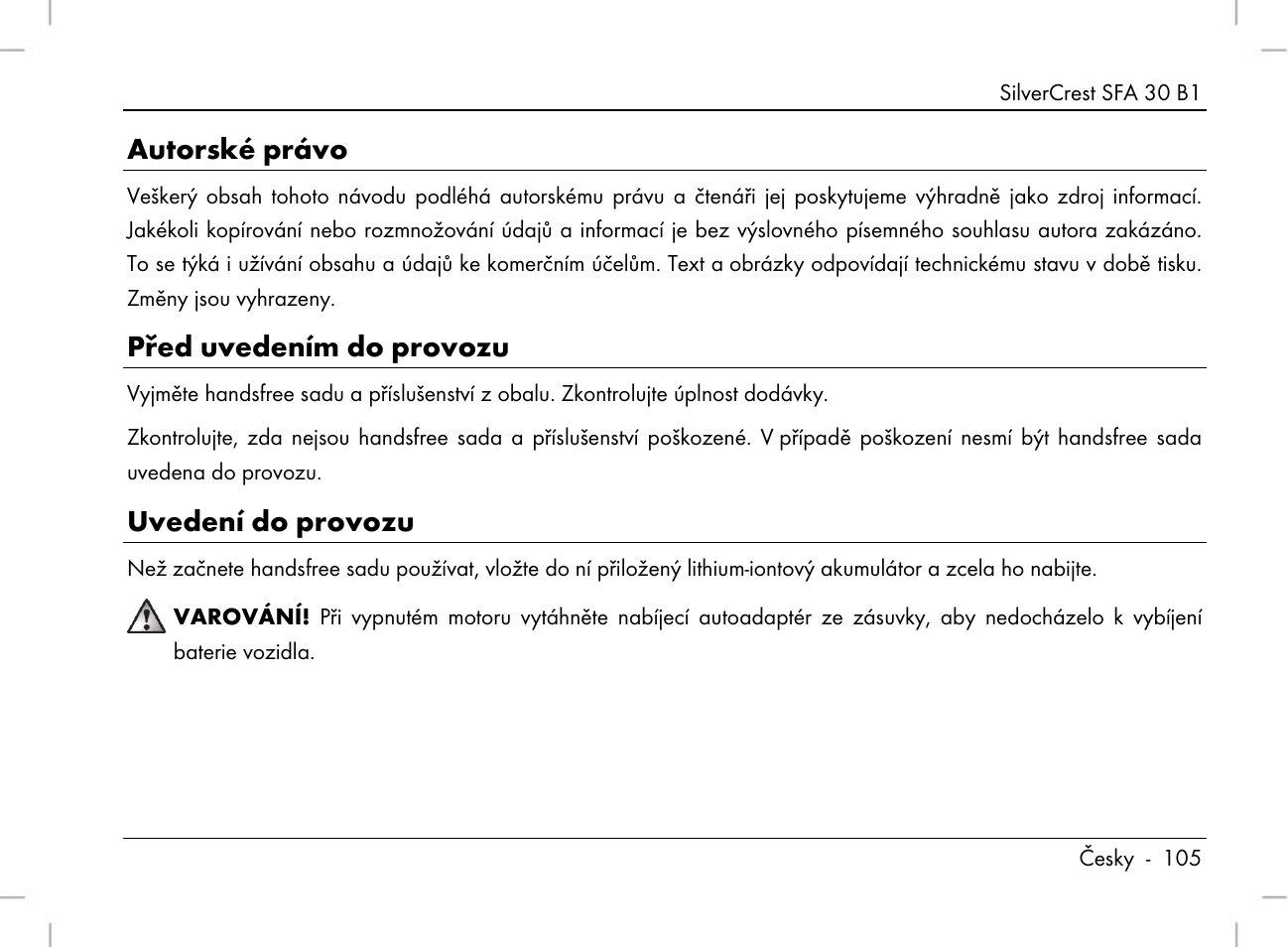 Autorské právo, Před uvedením do provozu, Uvedení do provozu | Silvercrest SFA 30 B1 User Manual | Page 107 / 166