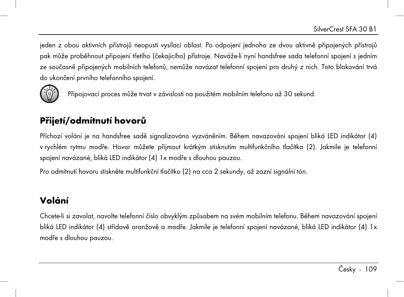 Přijetí/odmítnutí hovorů, Volání | Silvercrest SFA 30 B1 User Manual | Page 111 / 166