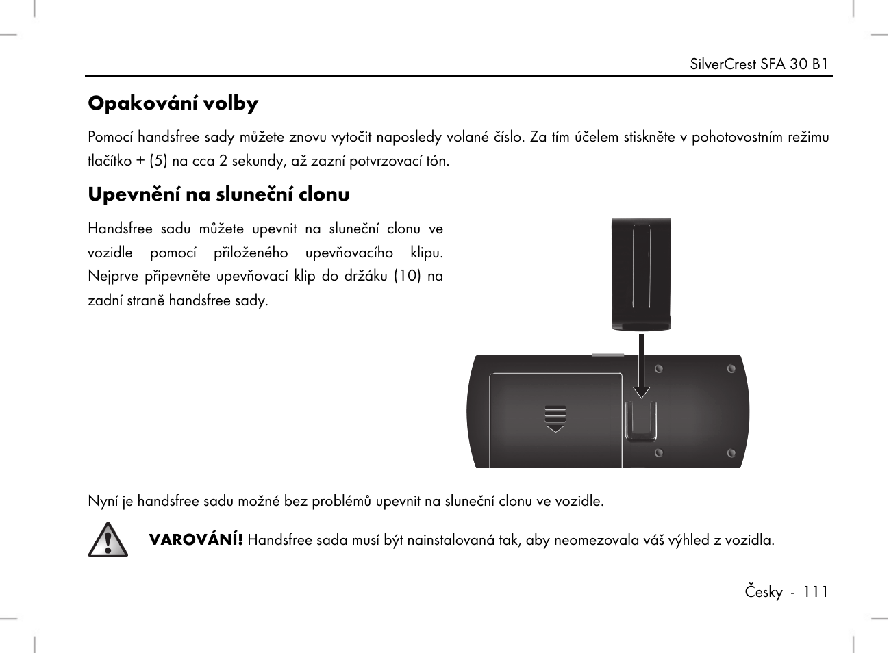 Opakování volby, Upevnění na sluneční clonu | Silvercrest SFA 30 B1 User Manual | Page 113 / 166