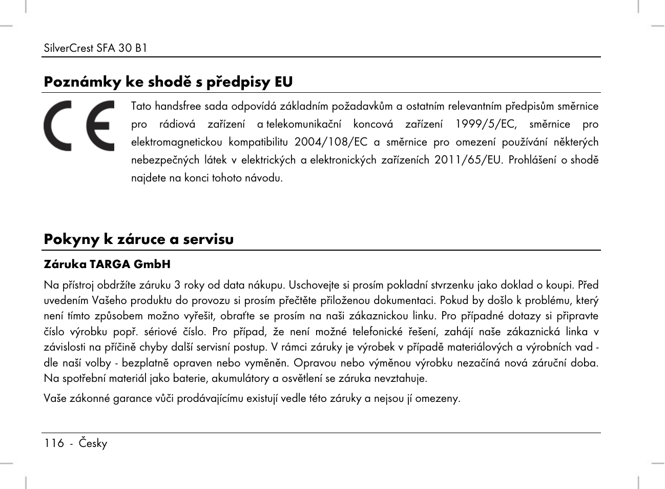 Poznámky ke shodě s předpisy eu, Pokyny k záruce a servisu | Silvercrest SFA 30 B1 User Manual | Page 118 / 166