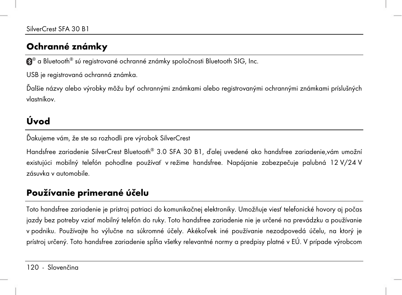 Ochranné známky, Úvod, Používanie primerané účelu | Silvercrest SFA 30 B1 User Manual | Page 122 / 166