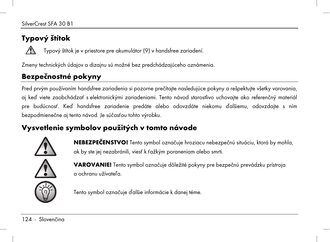 Typový štítok, Bezpečnostné pokyny, Vysvetlenie symbolov použitých v tomto návode | Silvercrest SFA 30 B1 User Manual | Page 126 / 166