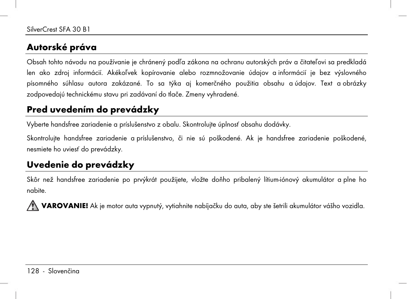 Autorské práva, Pred uvedením do prevádzky, Uvedenie do prevádzky | Silvercrest SFA 30 B1 User Manual | Page 130 / 166