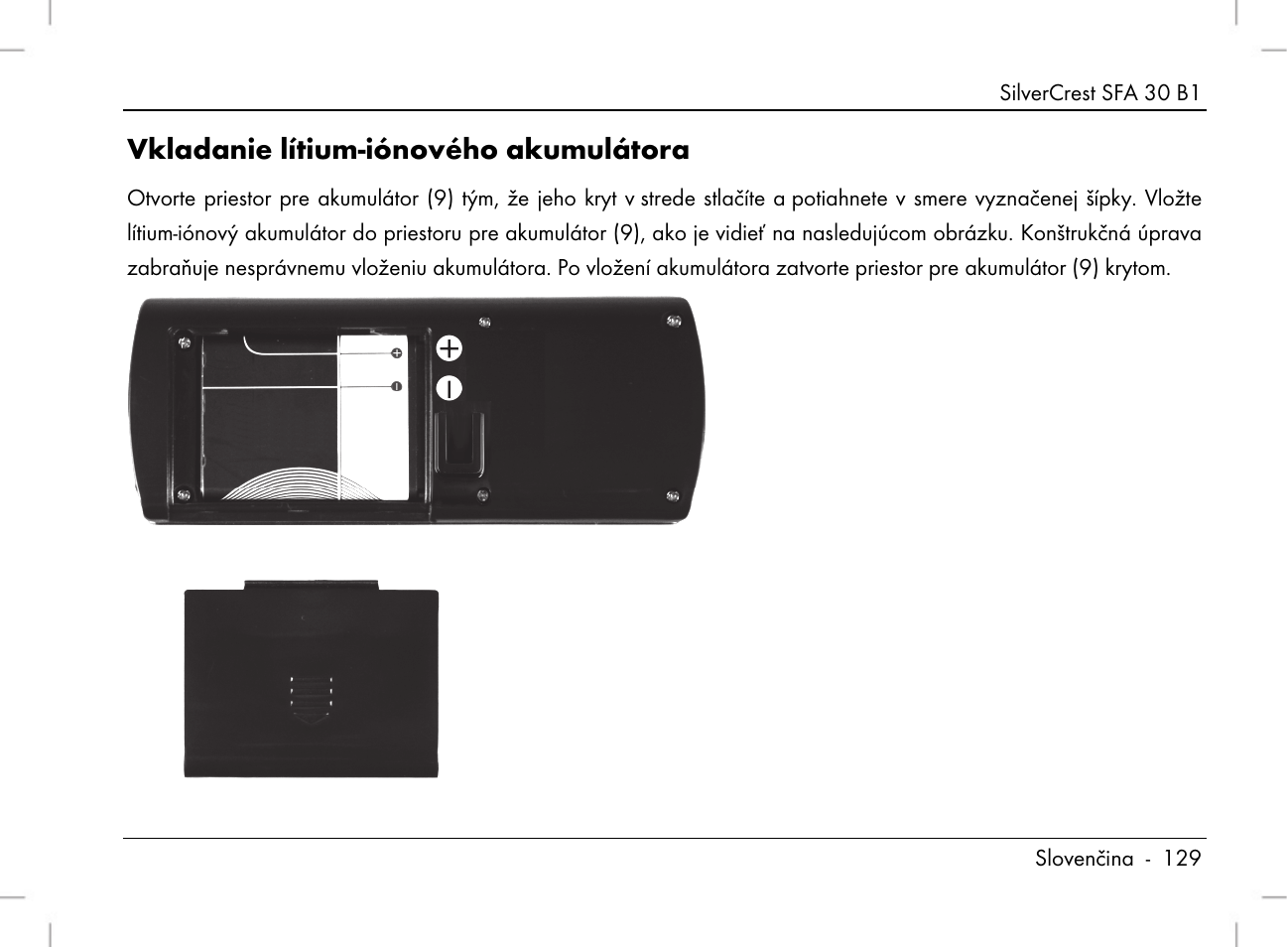 Vkladanie lítium-iónového akumulátora | Silvercrest SFA 30 B1 User Manual | Page 131 / 166