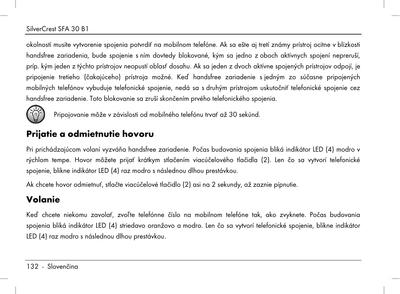 Prijatie a odmietnutie hovoru, Volanie | Silvercrest SFA 30 B1 User Manual | Page 134 / 166