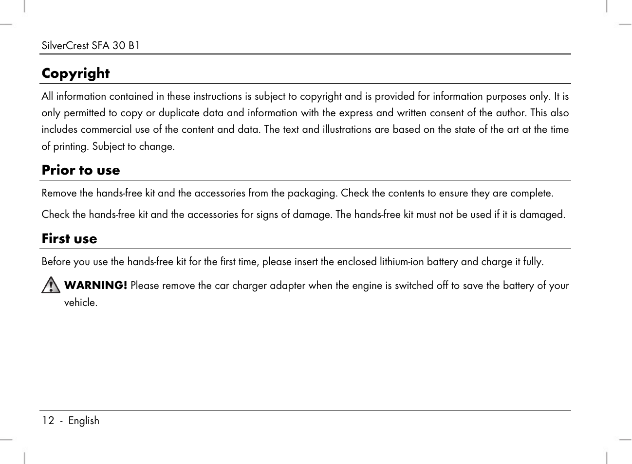 Copyright, Prior to use, First use | Silvercrest SFA 30 B1 User Manual | Page 14 / 166