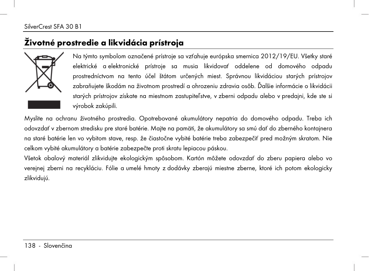 Životné prostredie a likvidácia prístroja | Silvercrest SFA 30 B1 User Manual | Page 140 / 166