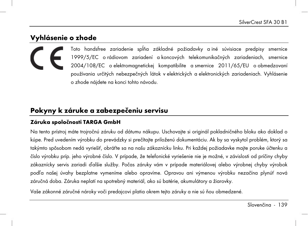 Vyhlásenie o zhode, Pokyny k záruke a zabezpečeniu servisu | Silvercrest SFA 30 B1 User Manual | Page 141 / 166