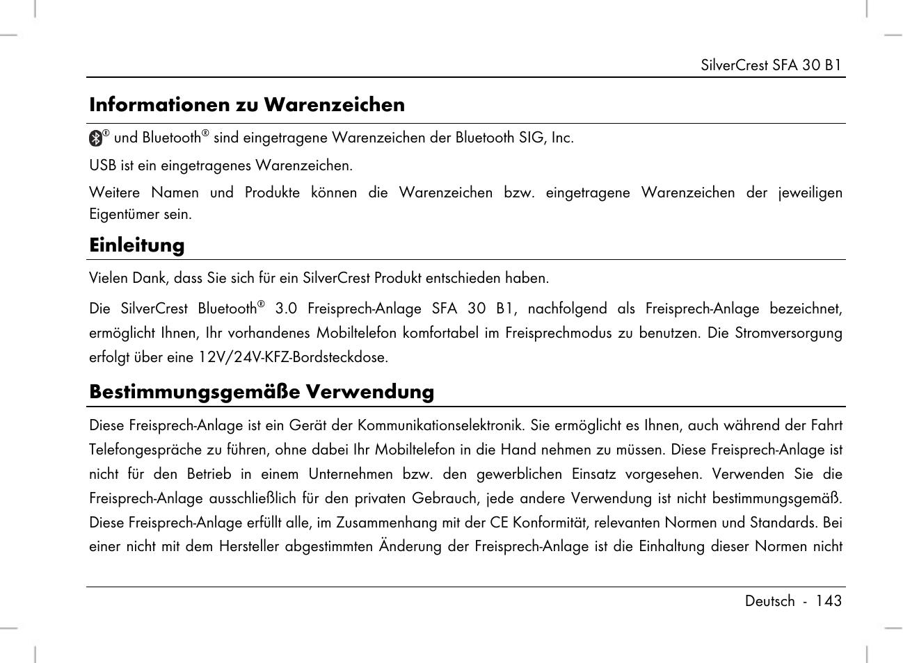 Informationen zu warenzeichen, Einleitung, Bestimmungsgemäße verwendung | Silvercrest SFA 30 B1 User Manual | Page 145 / 166