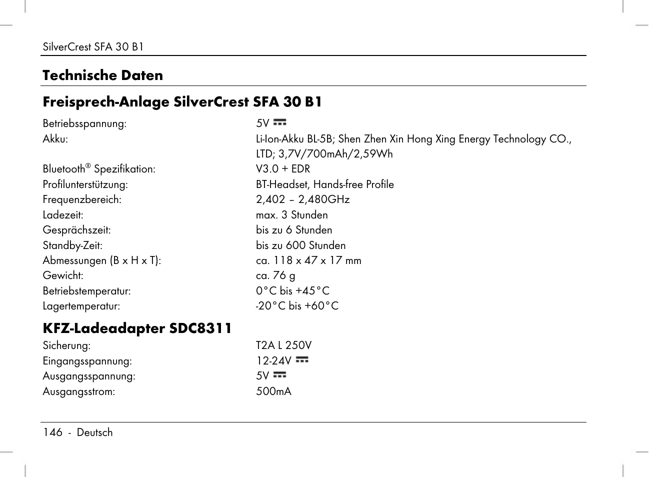 Kfz-ladeadapter sdc8311 | Silvercrest SFA 30 B1 User Manual | Page 148 / 166