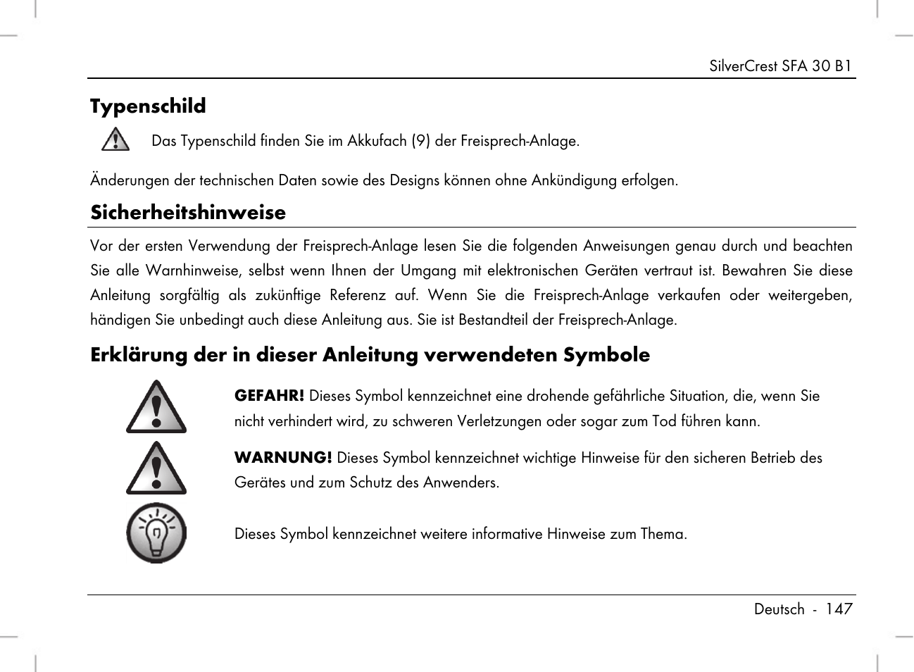 Typenschild, Sicherheitshinweise | Silvercrest SFA 30 B1 User Manual | Page 149 / 166