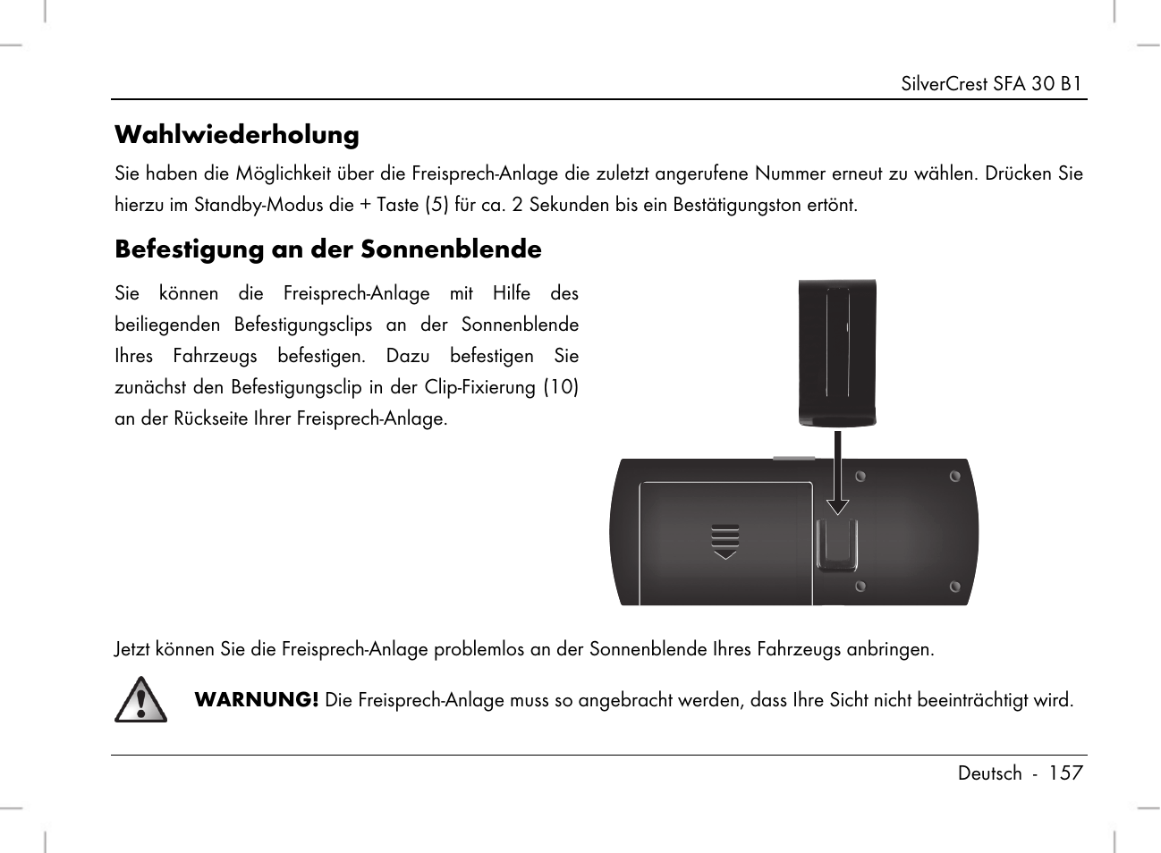 Wahlwiederholung, Befestigung an der sonnenblende | Silvercrest SFA 30 B1 User Manual | Page 159 / 166