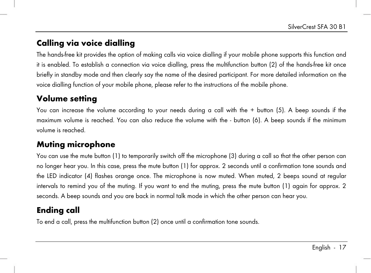 Calling via voice dialling, Volume setting, Muting microphone | Ending call | Silvercrest SFA 30 B1 User Manual | Page 19 / 166