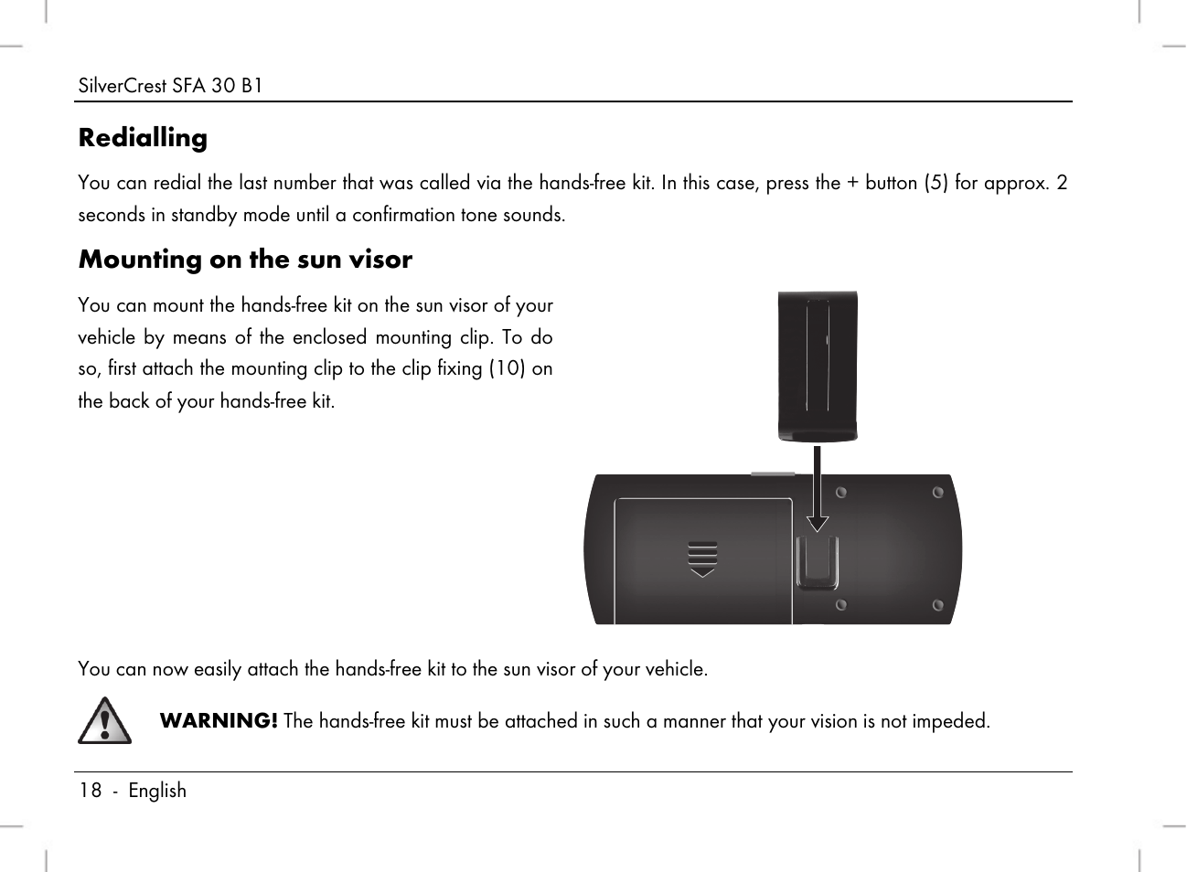 Redialling, Mounting on the sun visor | Silvercrest SFA 30 B1 User Manual | Page 20 / 166