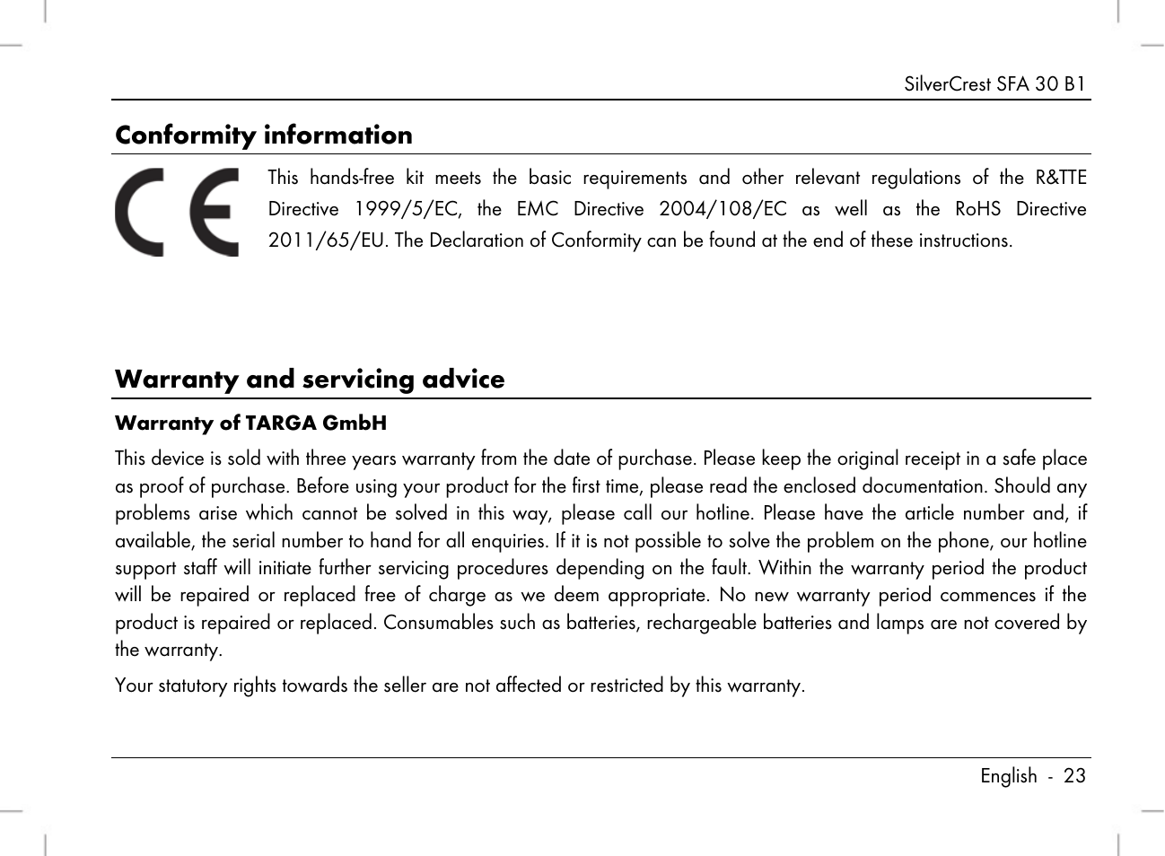 Conformity information, Warranty and servicing advice | Silvercrest SFA 30 B1 User Manual | Page 25 / 166