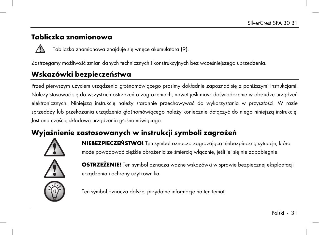 Tabliczka znamionowa, Wskazówki bezpieczeństwa | Silvercrest SFA 30 B1 User Manual | Page 33 / 166