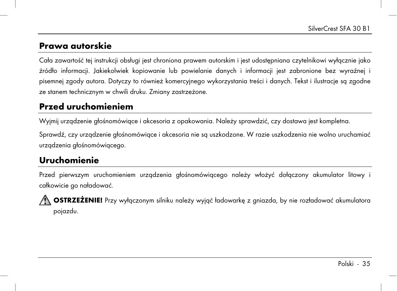 Prawa autorskie, Przed uruchomieniem, Uruchomienie | Silvercrest SFA 30 B1 User Manual | Page 37 / 166