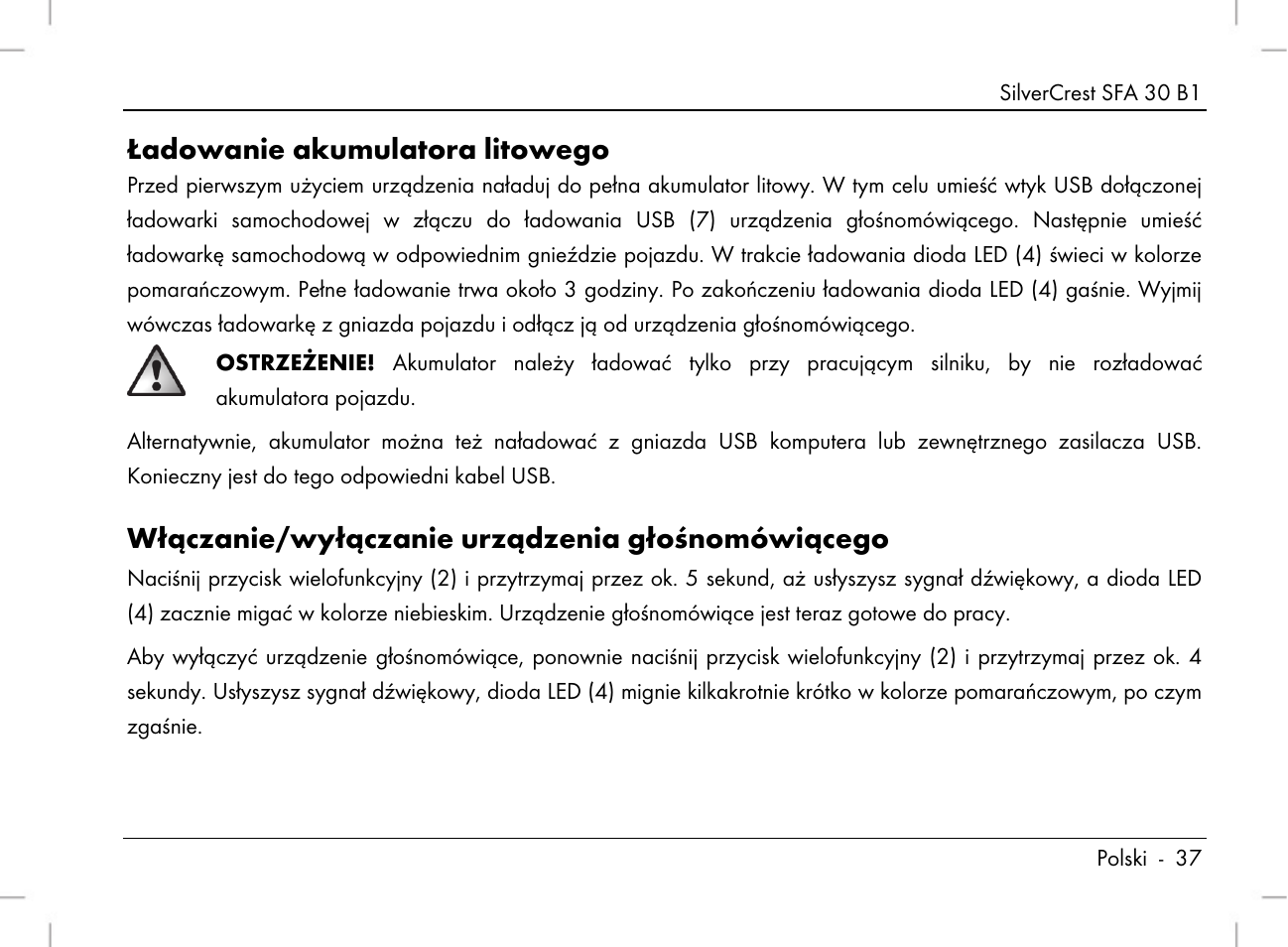 Ładowanie akumulatora litowego, Włączanie/wyłączanie urządzenia głośnomówiącego | Silvercrest SFA 30 B1 User Manual | Page 39 / 166