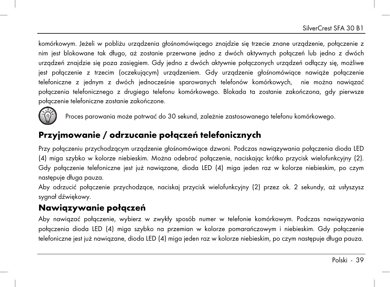 Przyjmowanie / odrzucanie połączeń telefonicznych, Nawiązywanie połączeń | Silvercrest SFA 30 B1 User Manual | Page 41 / 166