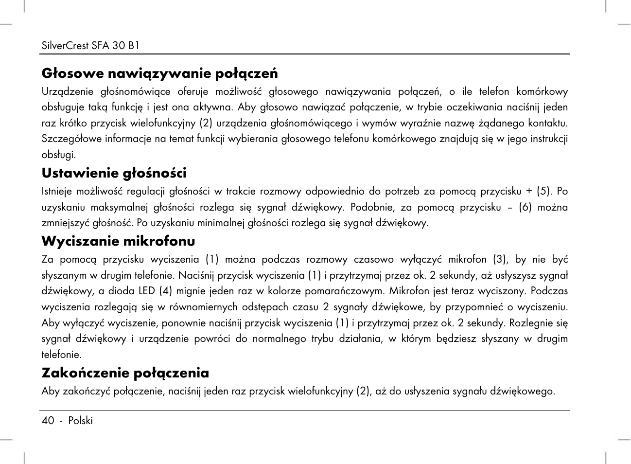 Głosowe nawiązywanie połączeń, Ustawienie głośności, Wyciszanie mikrofonu | Zakończenie połączenia | Silvercrest SFA 30 B1 User Manual | Page 42 / 166