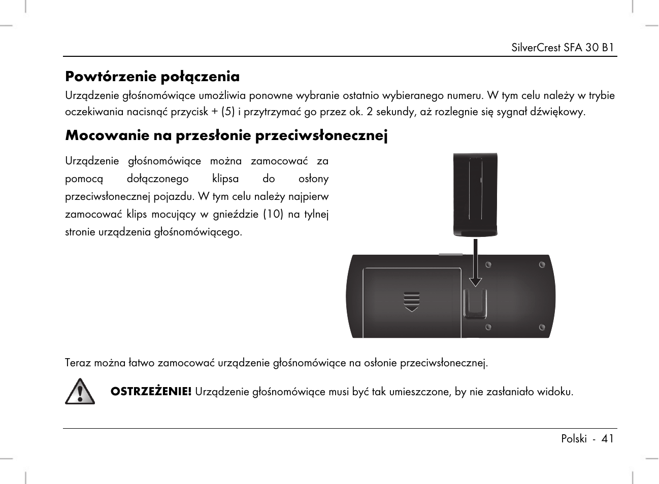 Powtórzenie połączenia, Mocowanie na przesłonie przeciwsłonecznej | Silvercrest SFA 30 B1 User Manual | Page 43 / 166