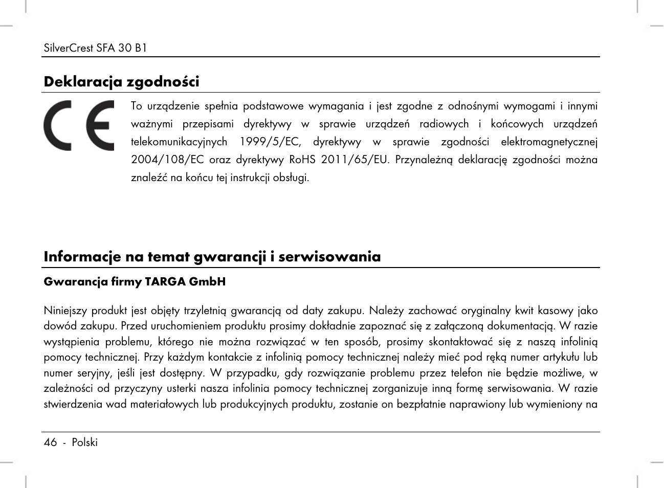 Deklaracja zgodności, Informacje na temat gwarancji i serwisowania | Silvercrest SFA 30 B1 User Manual | Page 48 / 166
