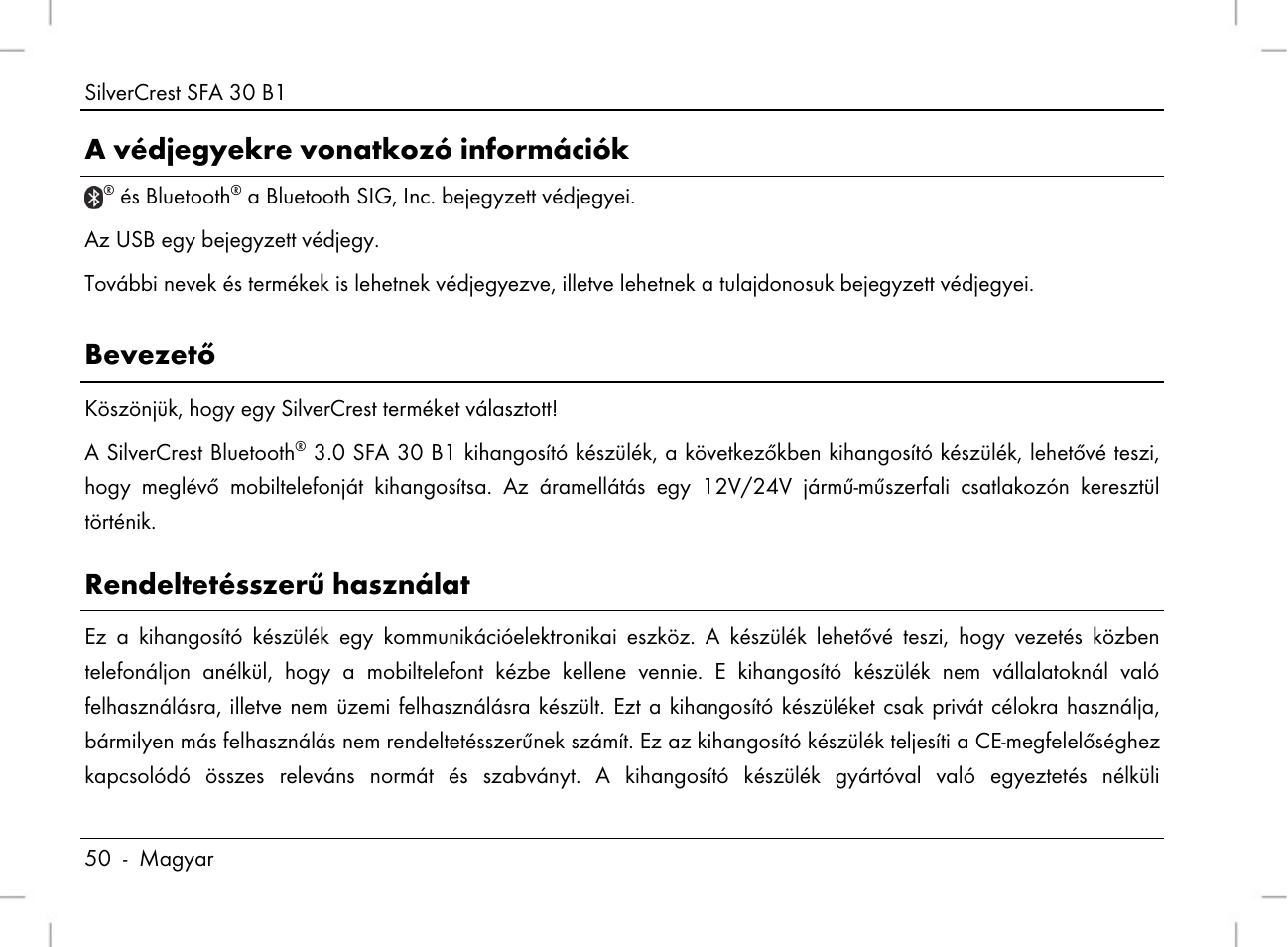 A védjegyekre vonatkozó információk, Bevezető, Rendeltetésszerű használat | Silvercrest SFA 30 B1 User Manual | Page 52 / 166