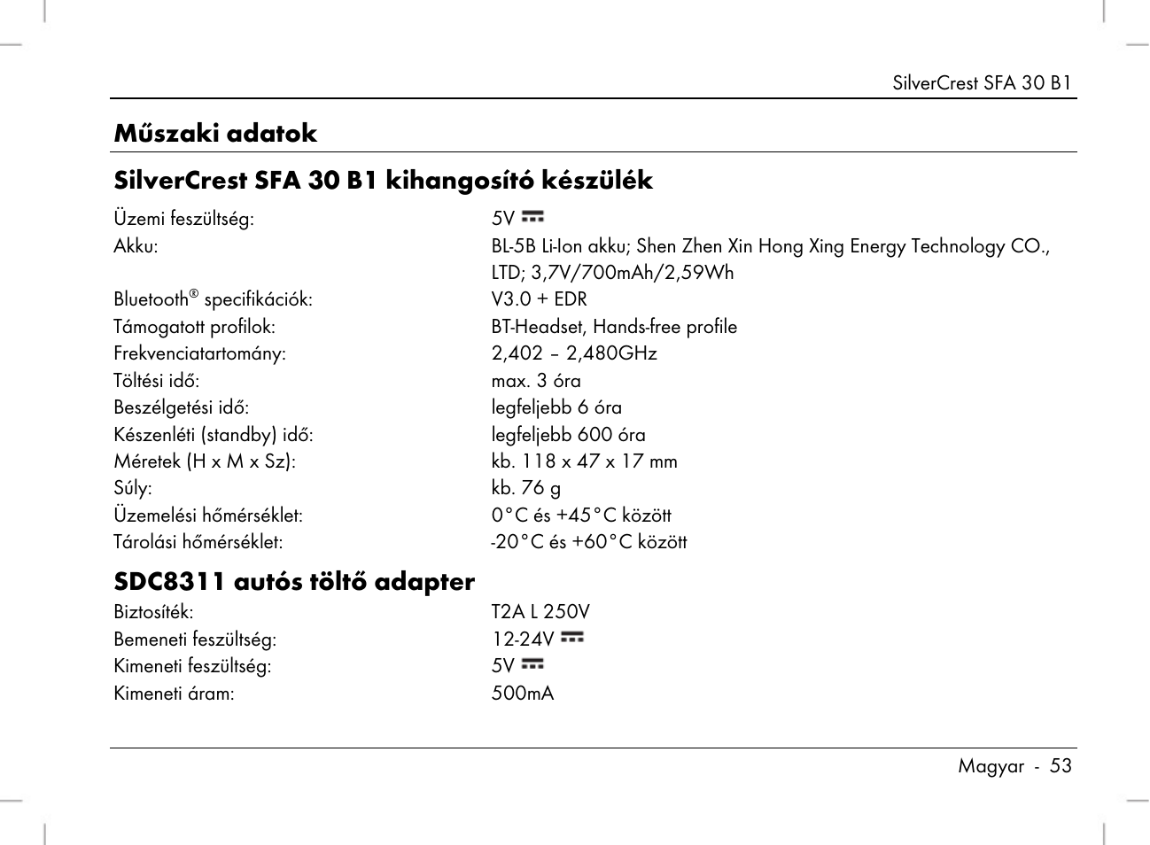 Sdc8311 autós töltő adapter | Silvercrest SFA 30 B1 User Manual | Page 55 / 166