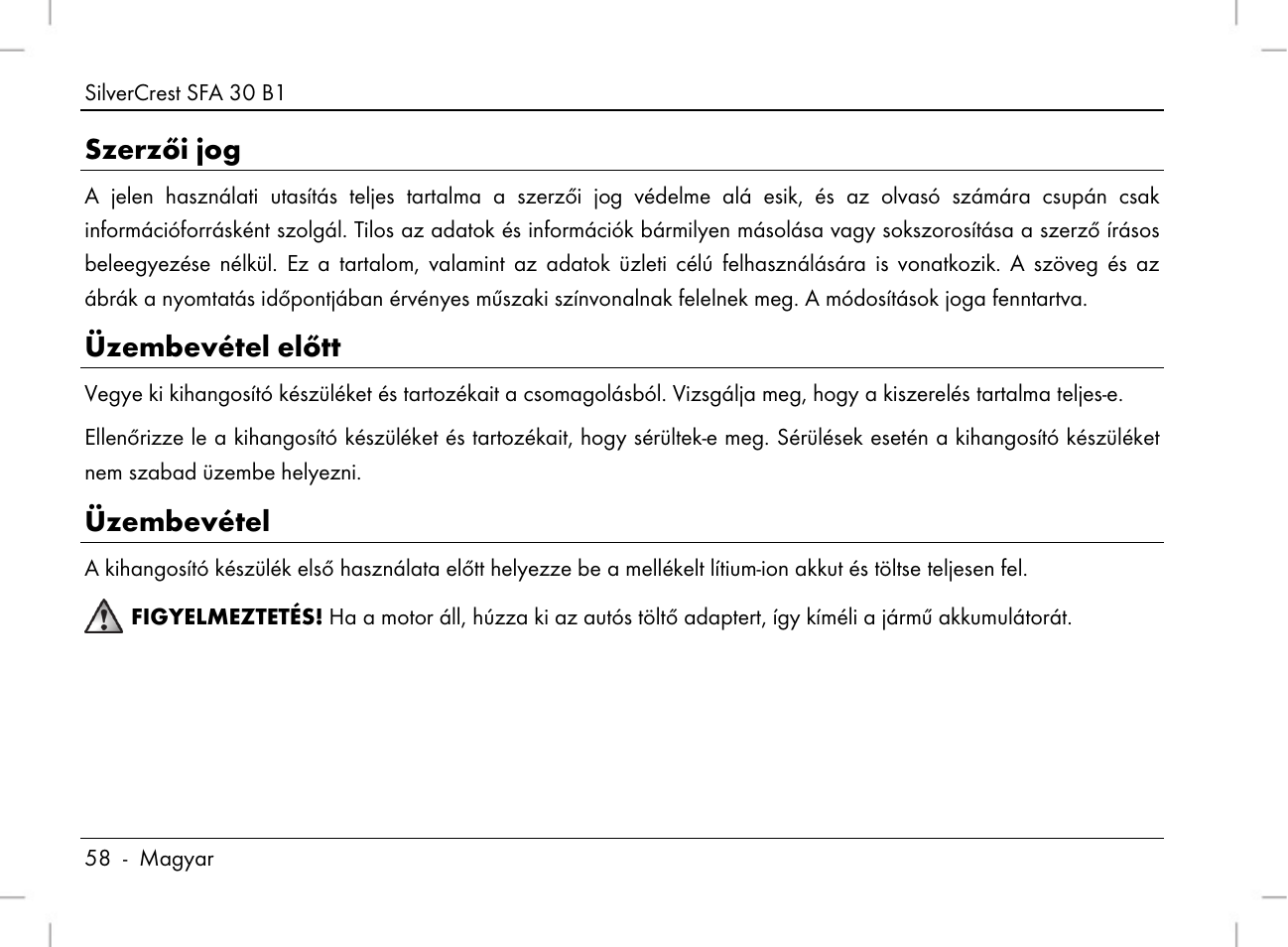 Szerzői jog, Üzembevétel előtt, Üzembevétel | Silvercrest SFA 30 B1 User Manual | Page 60 / 166