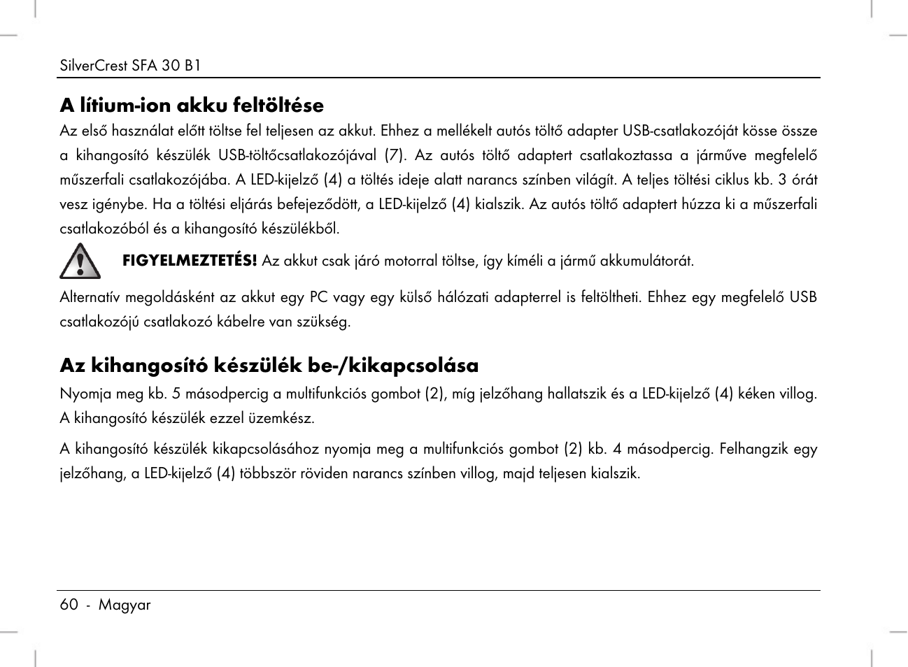 A lítium-ion akku feltöltése, Az kihangosító készülék be-/kikapcsolása | Silvercrest SFA 30 B1 User Manual | Page 62 / 166