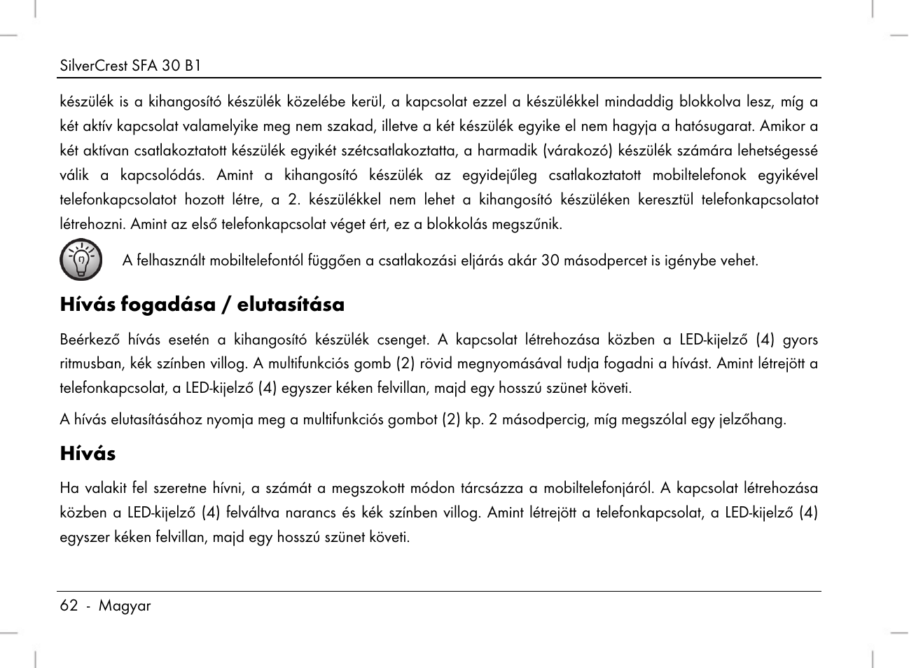 Hívás fogadása / elutasítása, Hívás | Silvercrest SFA 30 B1 User Manual | Page 64 / 166