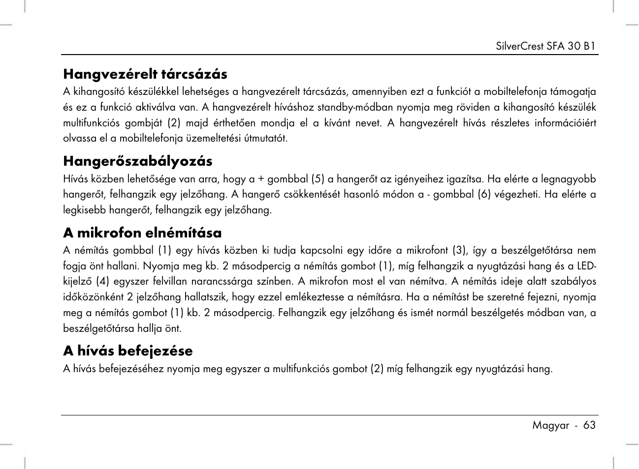 Hangvezérelt tárcsázás, Hangerőszabályozás, A mikrofon elnémítása | A hívás befejezése | Silvercrest SFA 30 B1 User Manual | Page 65 / 166