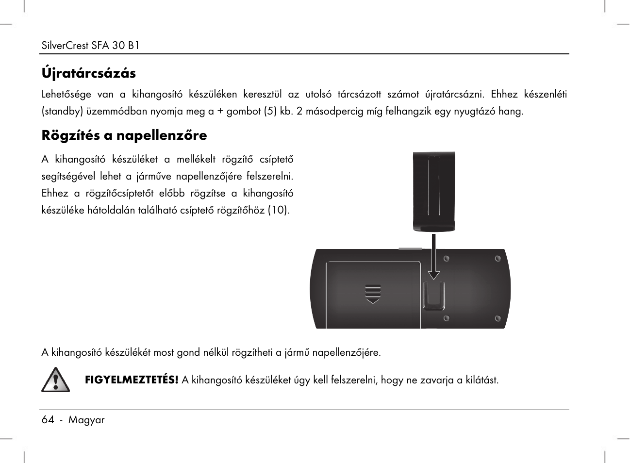 Újratárcsázás, Rögzítés a napellenzőre | Silvercrest SFA 30 B1 User Manual | Page 66 / 166