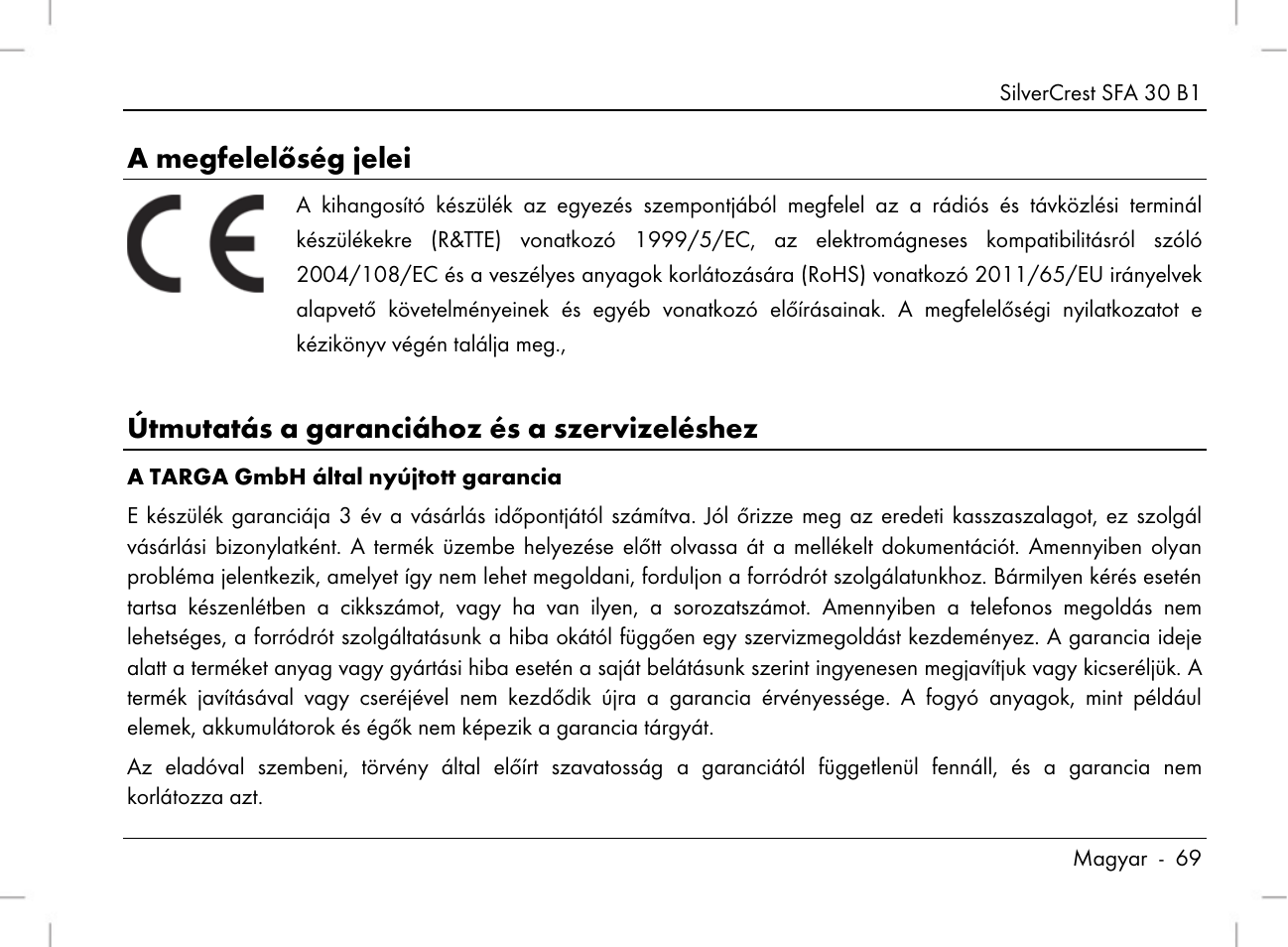A megfelelőség jelei, Útmutatás a garanciához és a szervizeléshez | Silvercrest SFA 30 B1 User Manual | Page 71 / 166