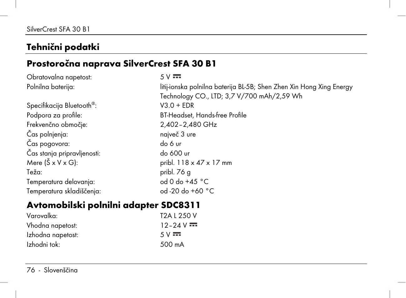 Avtomobilski polnilni adapter sdc8311 | Silvercrest SFA 30 B1 User Manual | Page 78 / 166