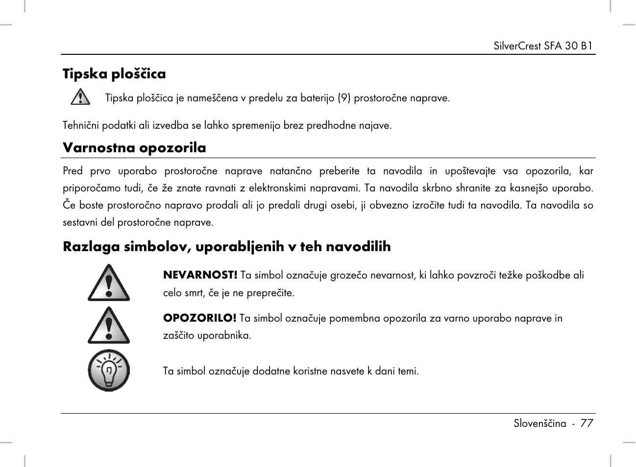 Tipska ploščica, Varnostna opozorila, Razlaga simbolov, uporabljenih v teh navodilih | Silvercrest SFA 30 B1 User Manual | Page 79 / 166