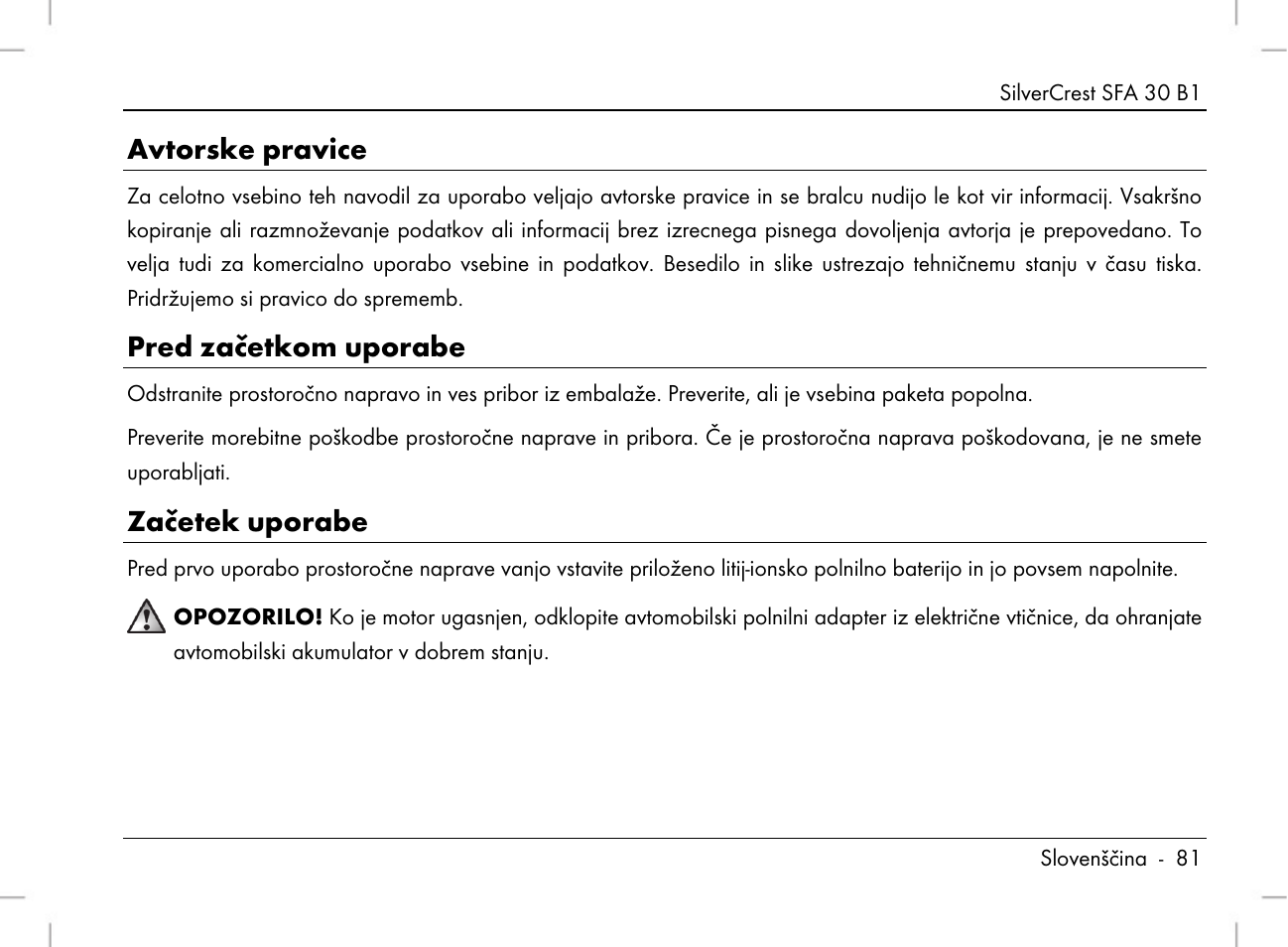 Avtorske pravice, Pred začetkom uporabe, Začetek uporabe | Silvercrest SFA 30 B1 User Manual | Page 83 / 166