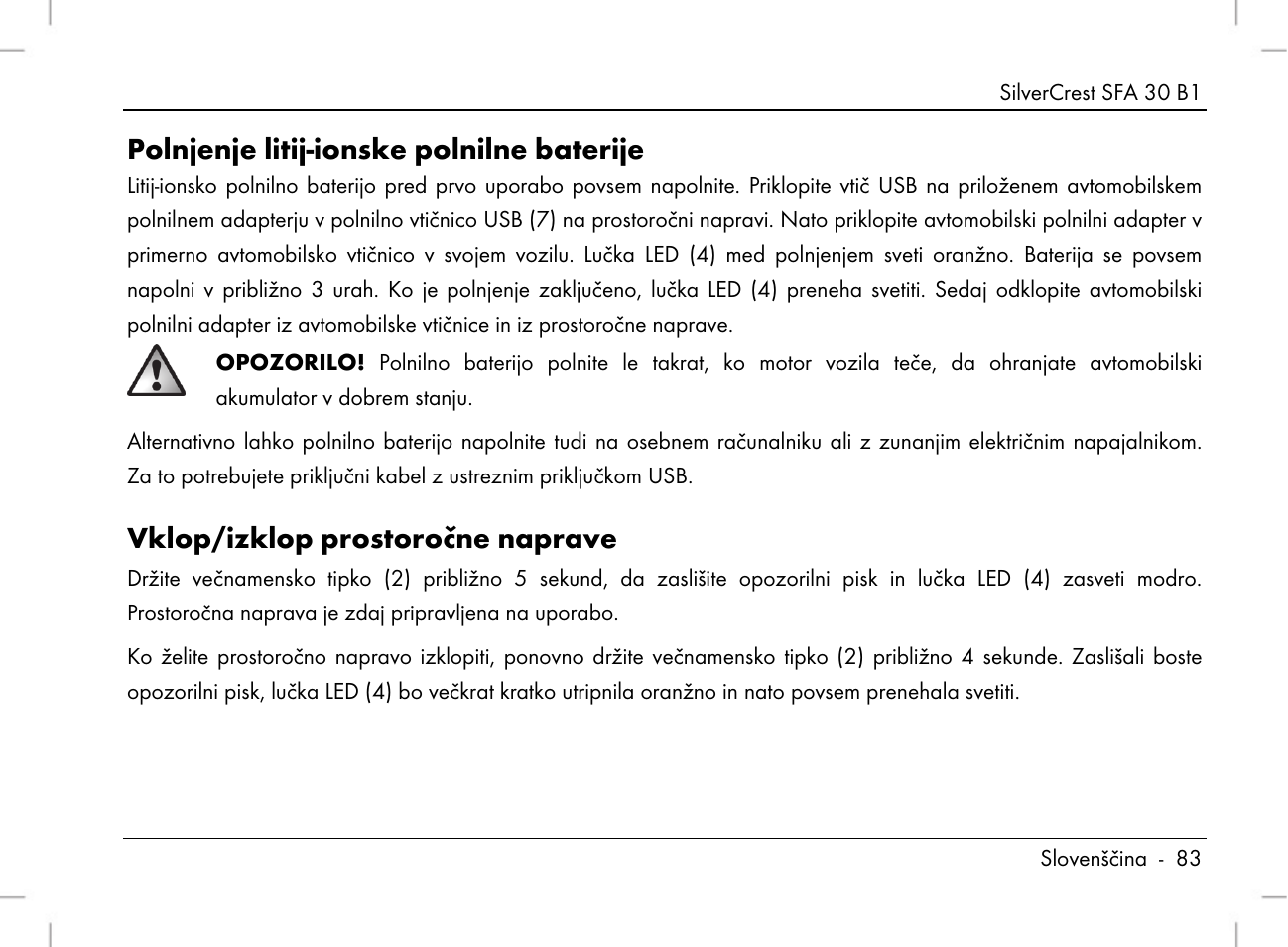 Polnjenje litij-ionske polnilne baterije, Vklop/izklop prostoročne naprave | Silvercrest SFA 30 B1 User Manual | Page 85 / 166