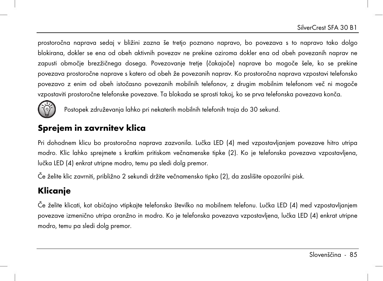 Sprejem in zavrnitev klica, Klicanje | Silvercrest SFA 30 B1 User Manual | Page 87 / 166