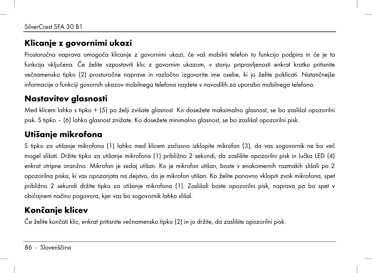 Klicanje z govornimi ukazi, Nastavitev glasnosti, Utišanje mikrofona | Končanje klicev | Silvercrest SFA 30 B1 User Manual | Page 88 / 166