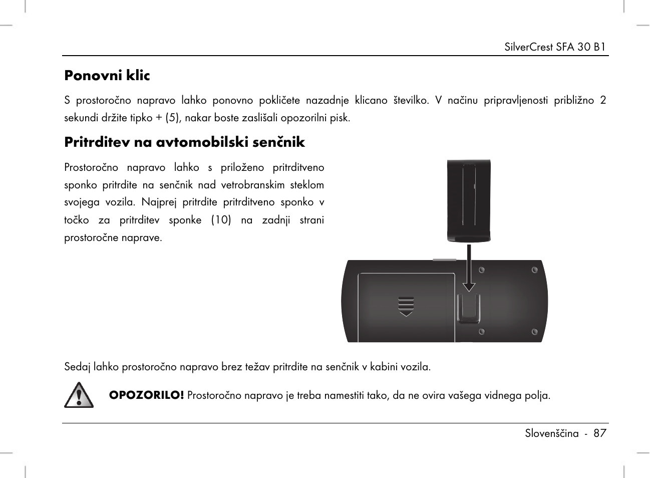 Ponovni klic, Pritrditev na avtomobilski senčnik | Silvercrest SFA 30 B1 User Manual | Page 89 / 166