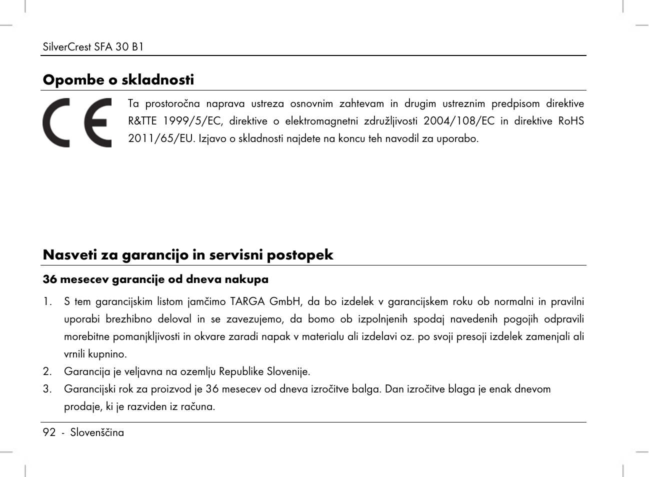 Opombe o skladnosti, Nasveti za garancijo in servisni postopek | Silvercrest SFA 30 B1 User Manual | Page 94 / 166