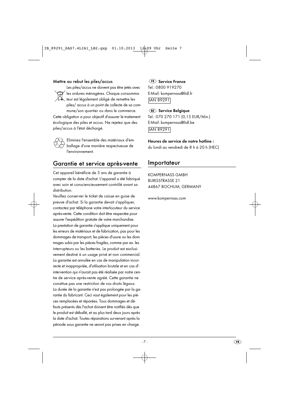 Garantie et service après-vente, Importateur | Silvercrest SAS 7.4 LI A2 User Manual | Page 10 / 35