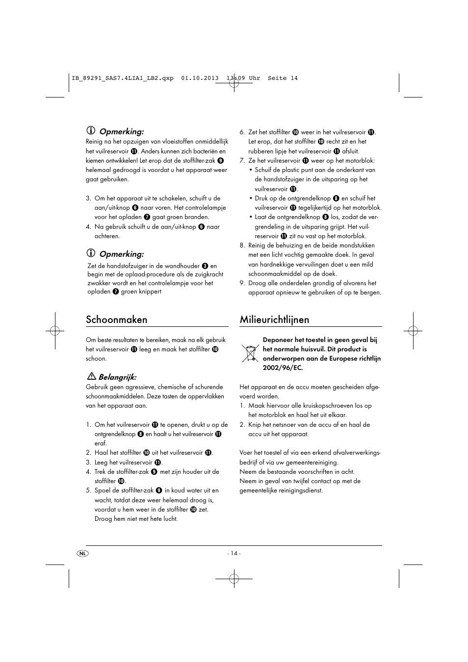 Schoonmaken, Milieurichtlijnen, Opmerking | Belangrijk | Silvercrest SAS 7.4 LI A2 User Manual | Page 17 / 35