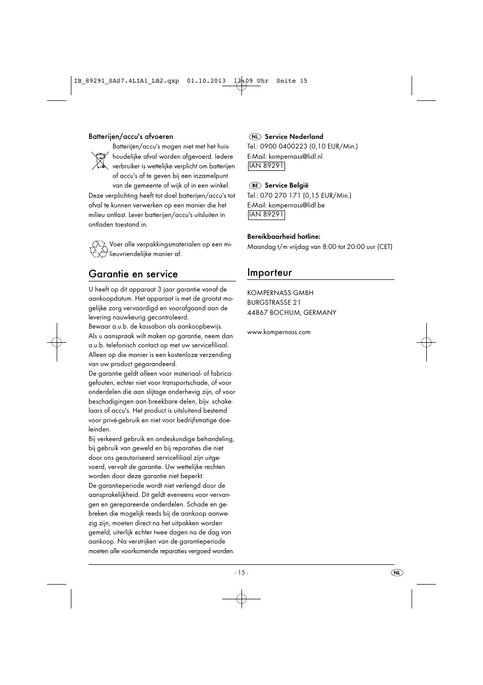 Garantie en service, Importeur | Silvercrest SAS 7.4 LI A2 User Manual | Page 18 / 35